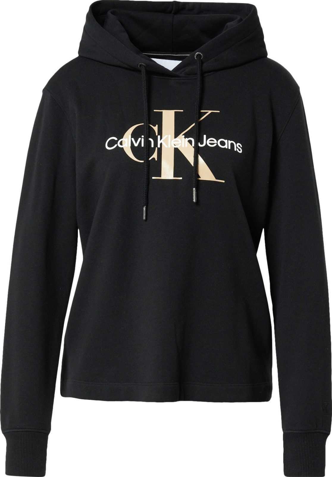 Calvin Klein Jeans Mikina béžová / černá / bílá