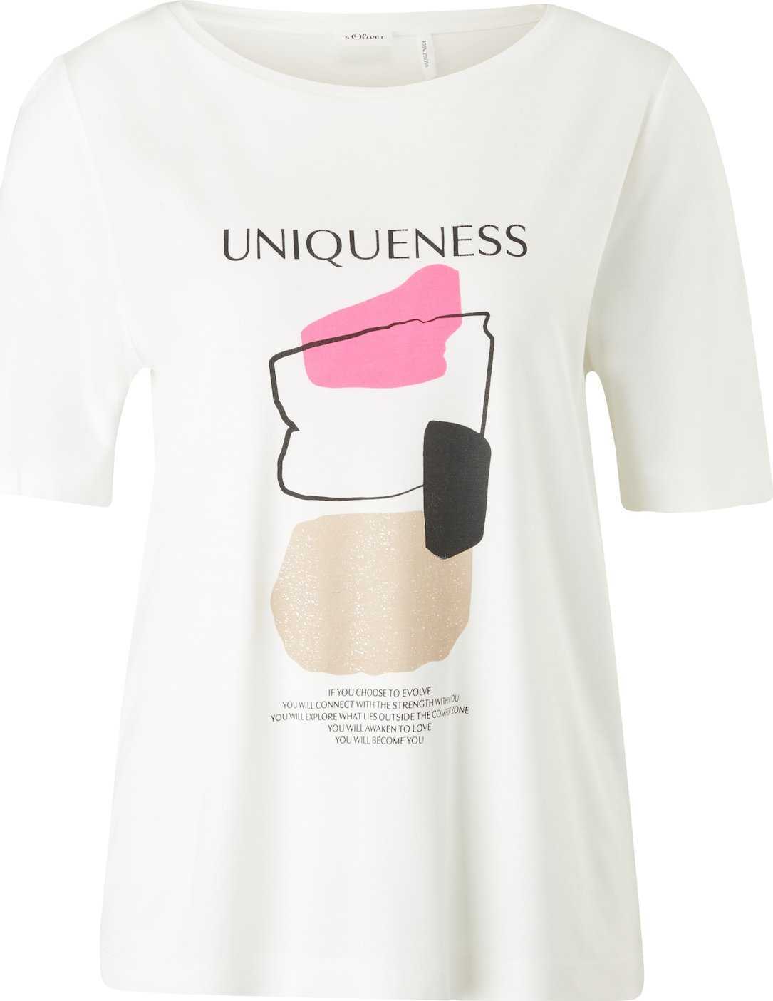 s.Oliver BLACK LABEL Tričko tmavě béžová / světle růžová / černá / barva vaječné skořápky