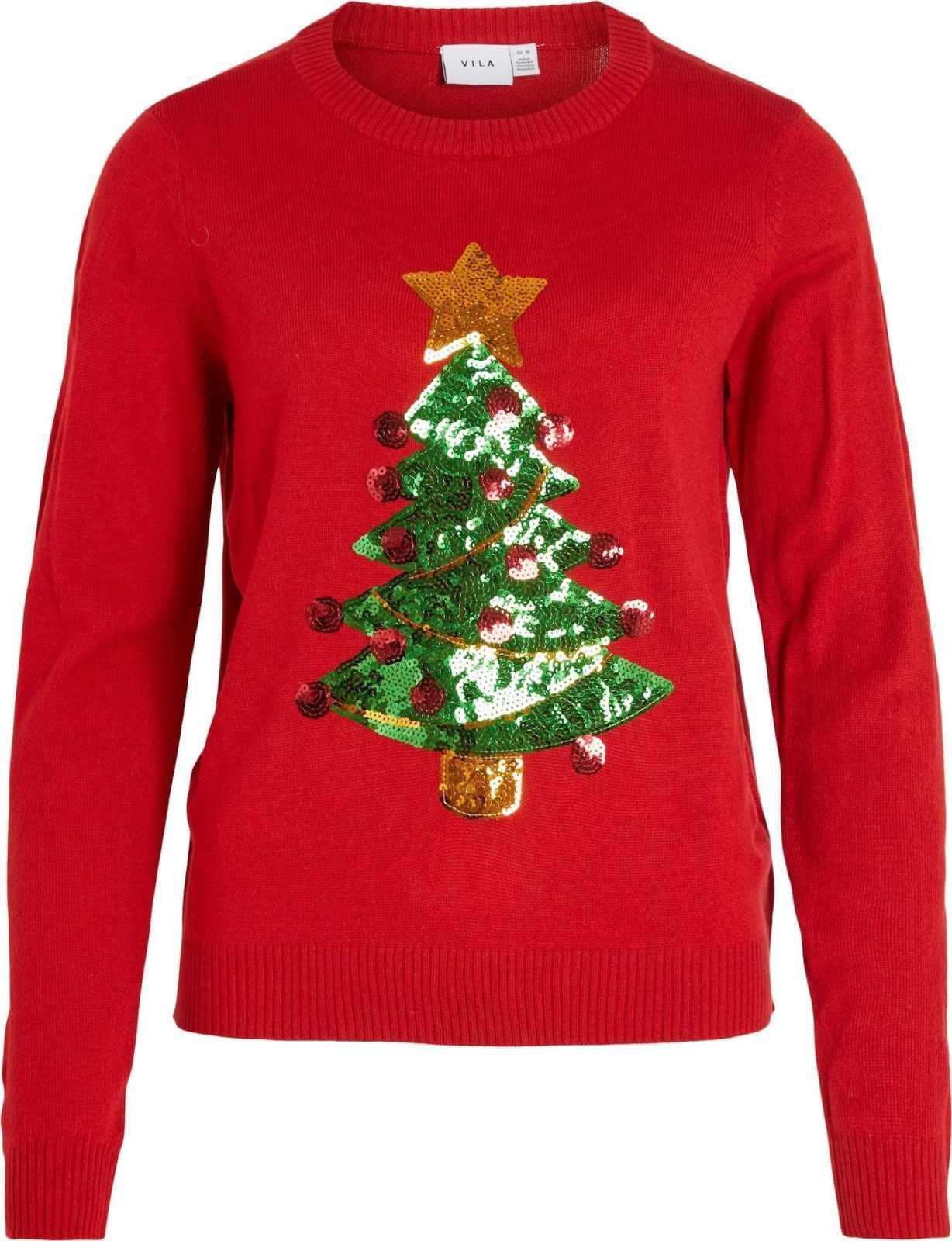 VILA Svetr 'Season' zlatá / zelená / červená
