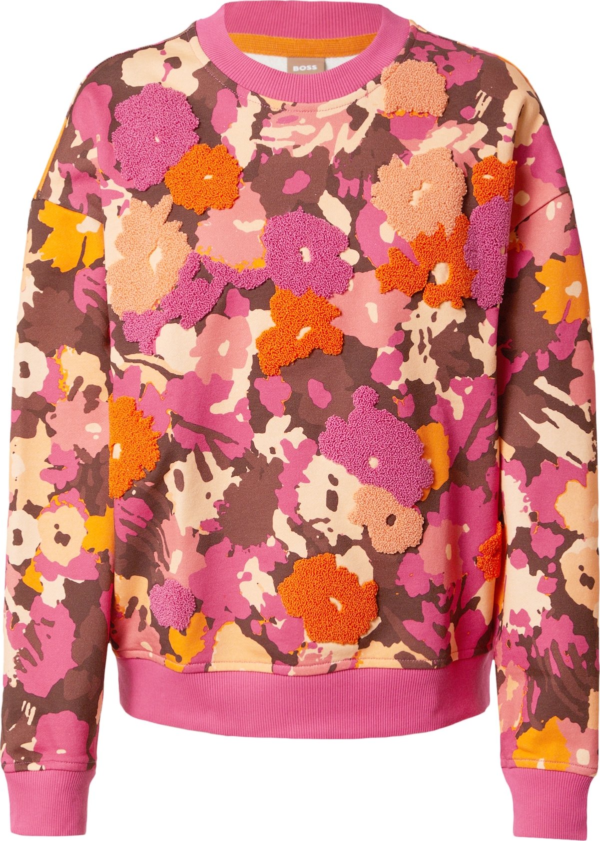 BOSS Orange Mikina 'Elaslogan' krémová / hnědá / jasně oranžová / světle růžová