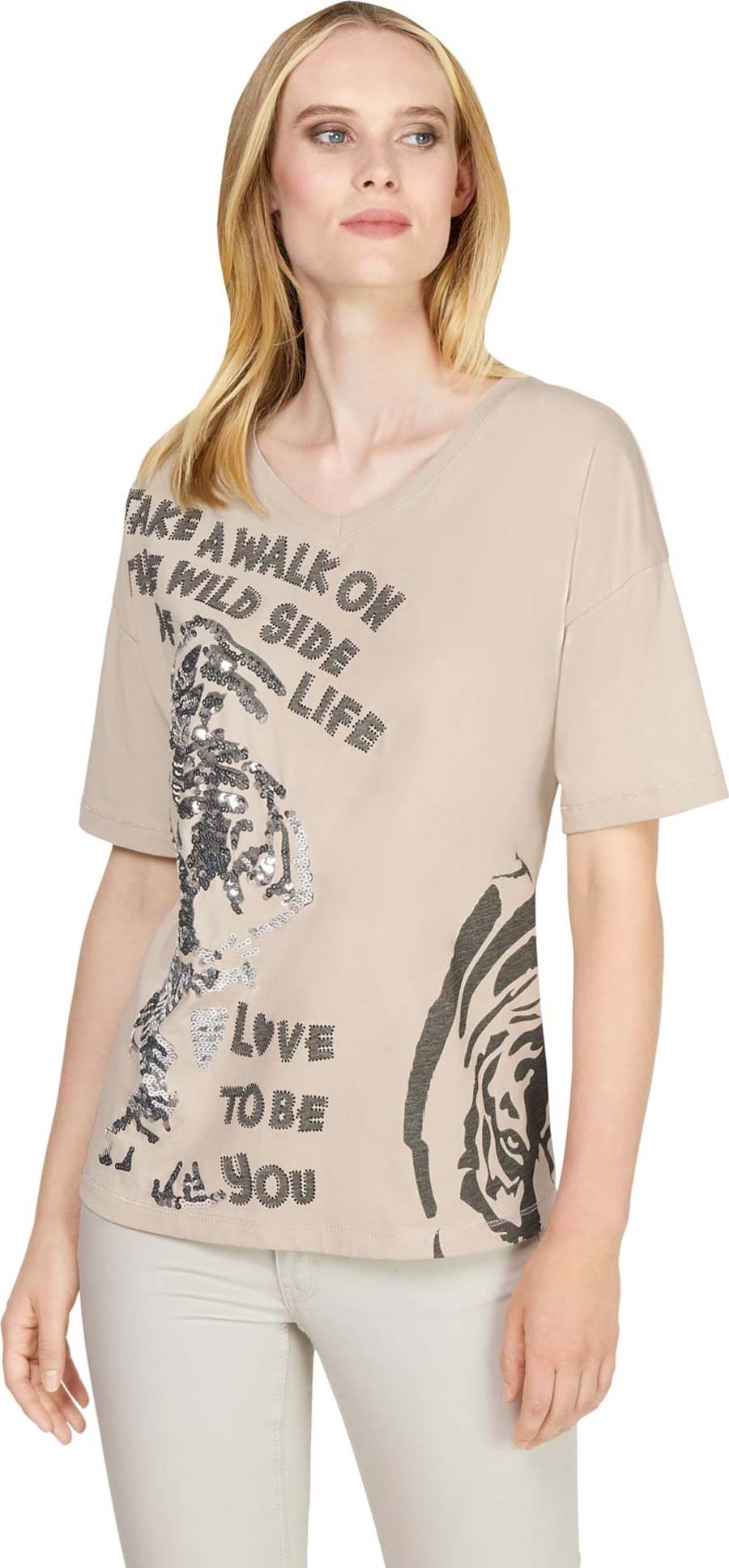 heine Tričko světle hnědá / kámen / černá / bílá