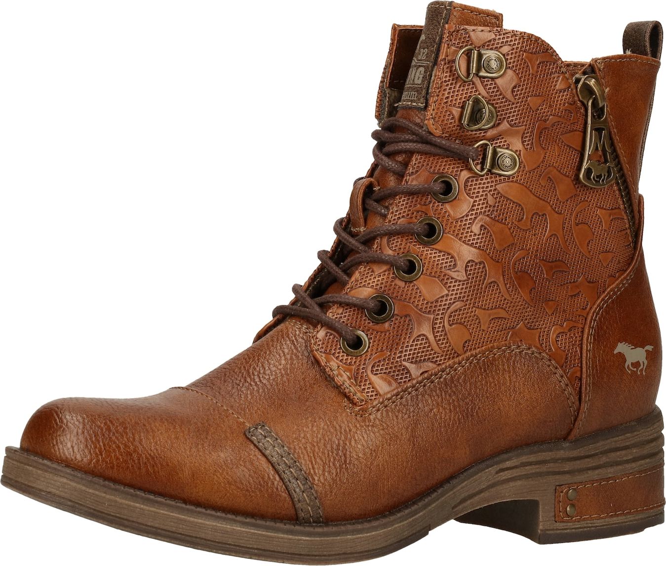 MUSTANG Šněrovací kozačky karamelová / tmavě hnědá / šedá