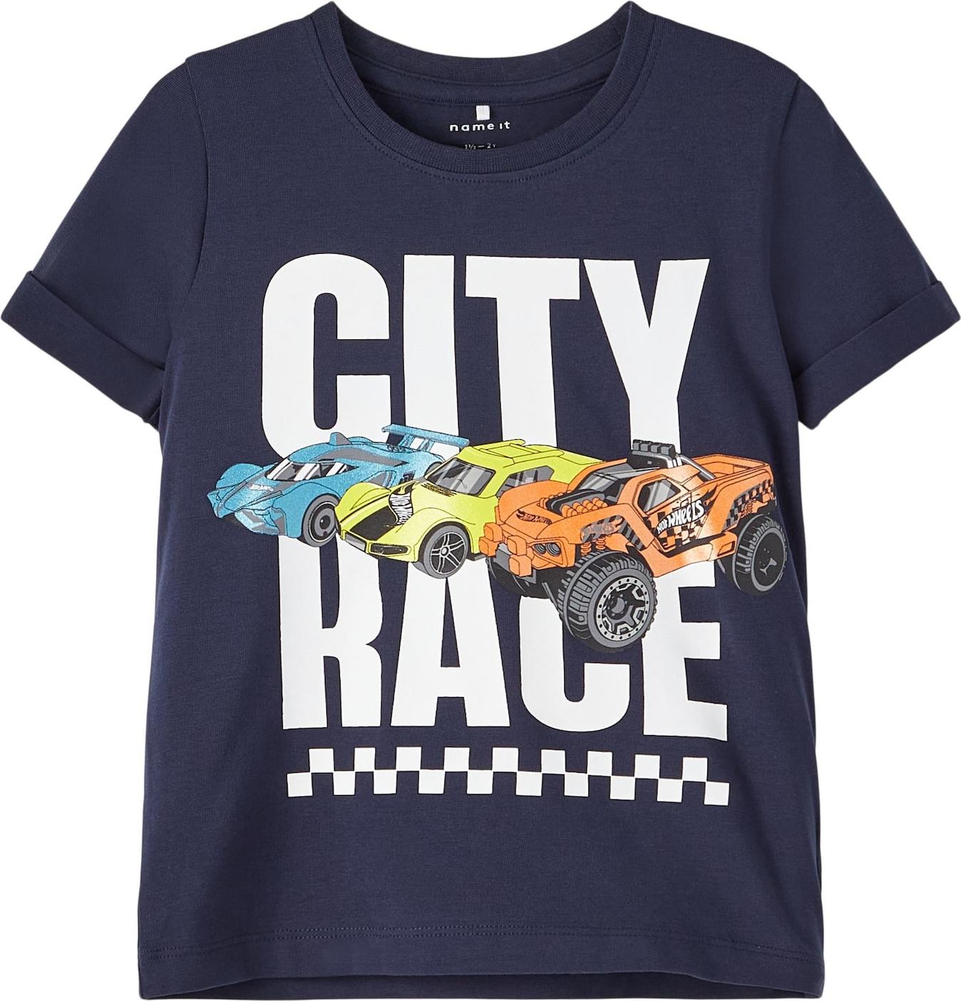 NAME IT Tričko 'Hot Wheels' námořnická modř / světlemodrá / žlutá / broskvová / bílá