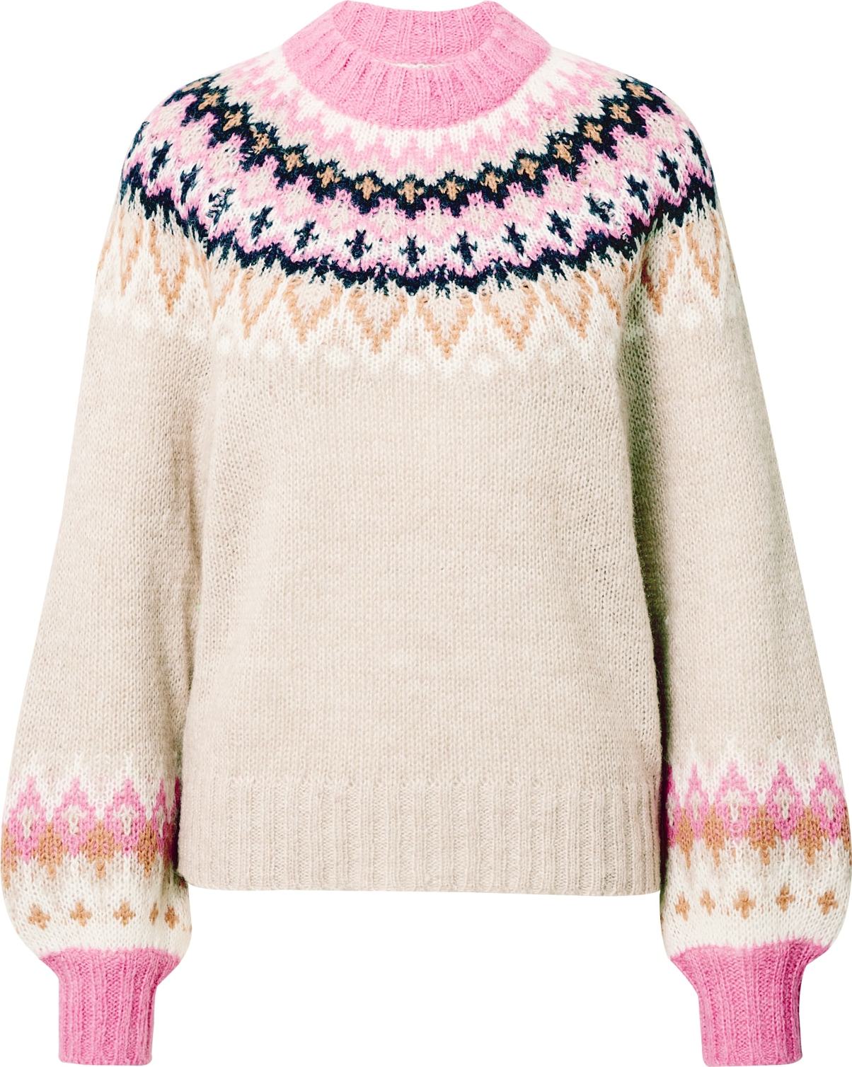 NÜMPH Svetr 'ANIET' béžová / námořnická modř / světle hnědá / pink