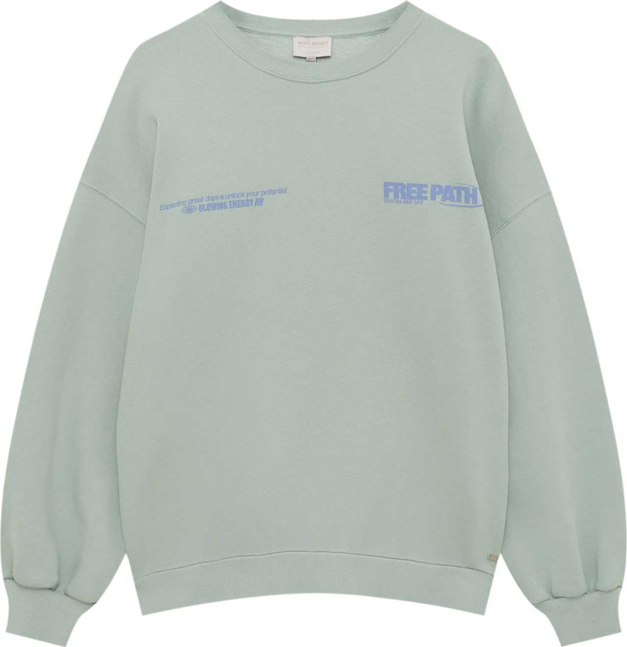 Pull&Bear Mikina enciánová modrá / pastelově zelená