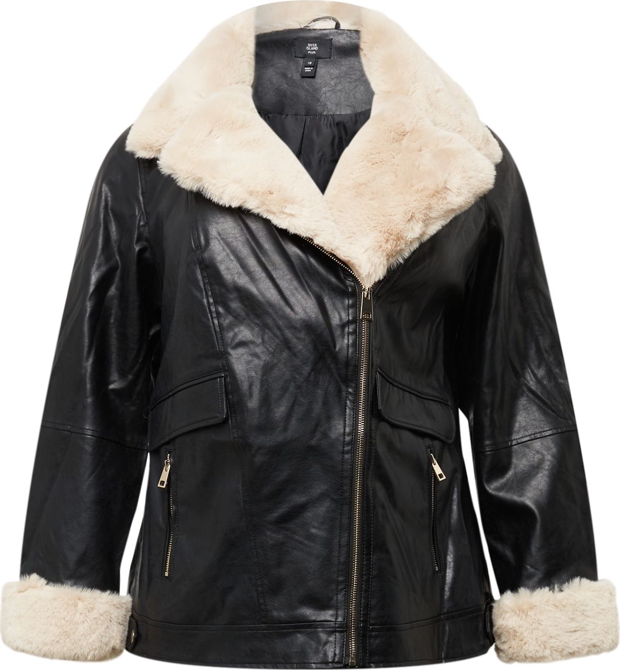 River Island Plus Zimní bunda černá / barva bílé vlny