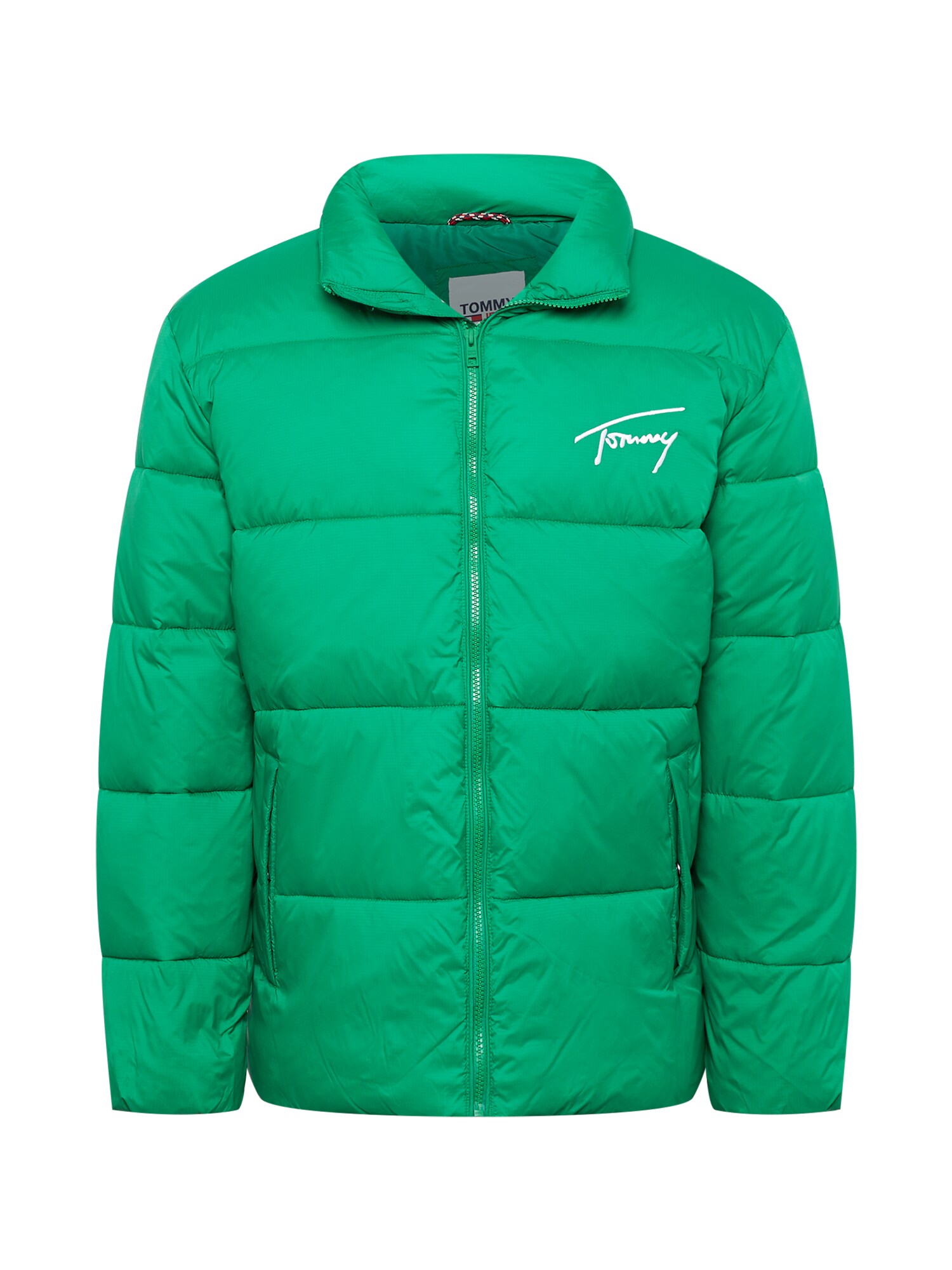 Tommy Jeans Zimní bunda trávově zelená / bílá