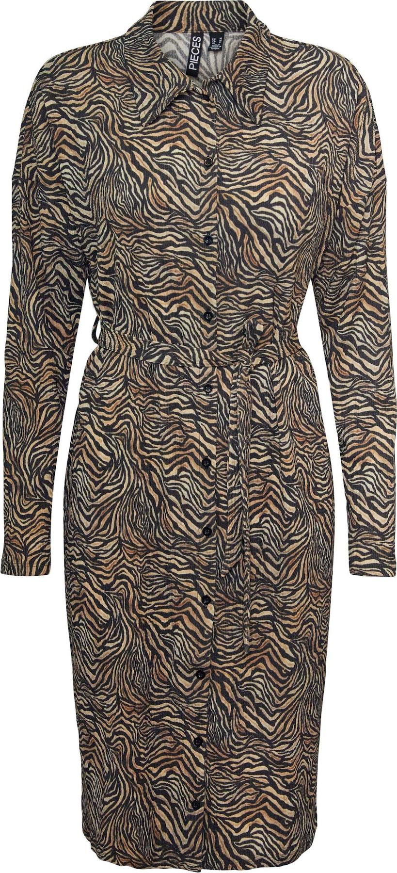 PIECES Košilové šaty krémová / karamelová / černá