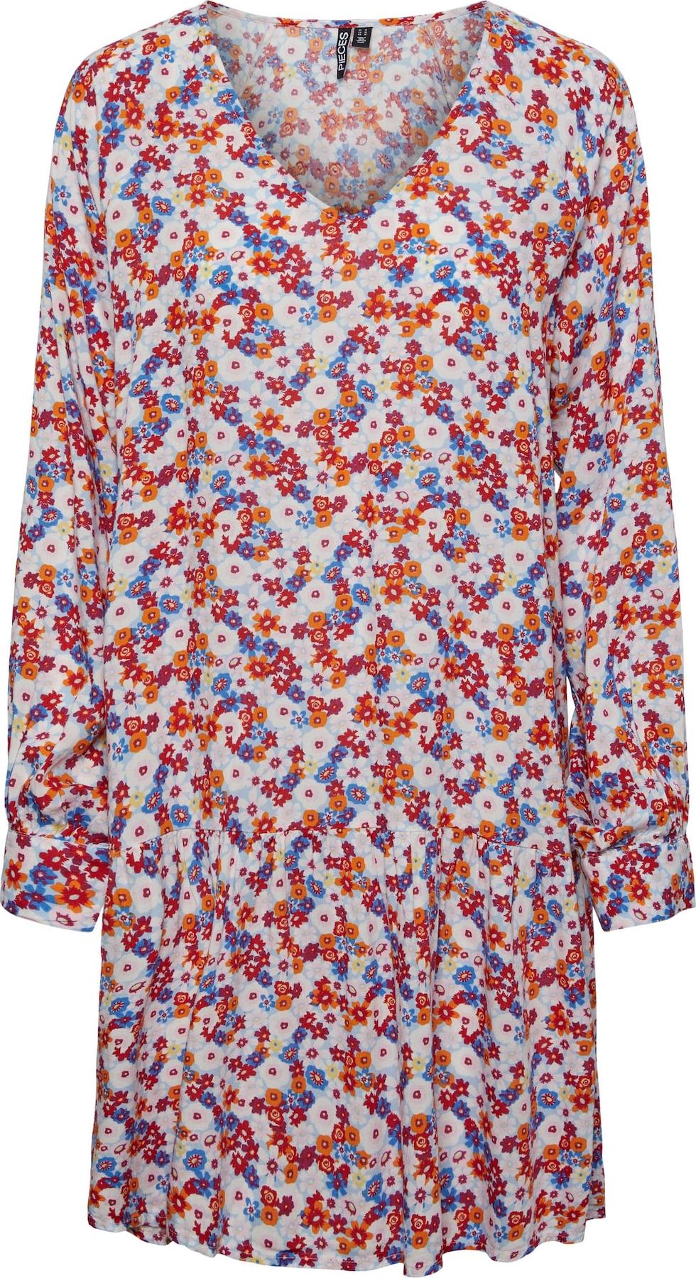 PIECES Šaty 'Alma' nebeská modř / oranžová / krvavě červená / barva vaječné skořápky