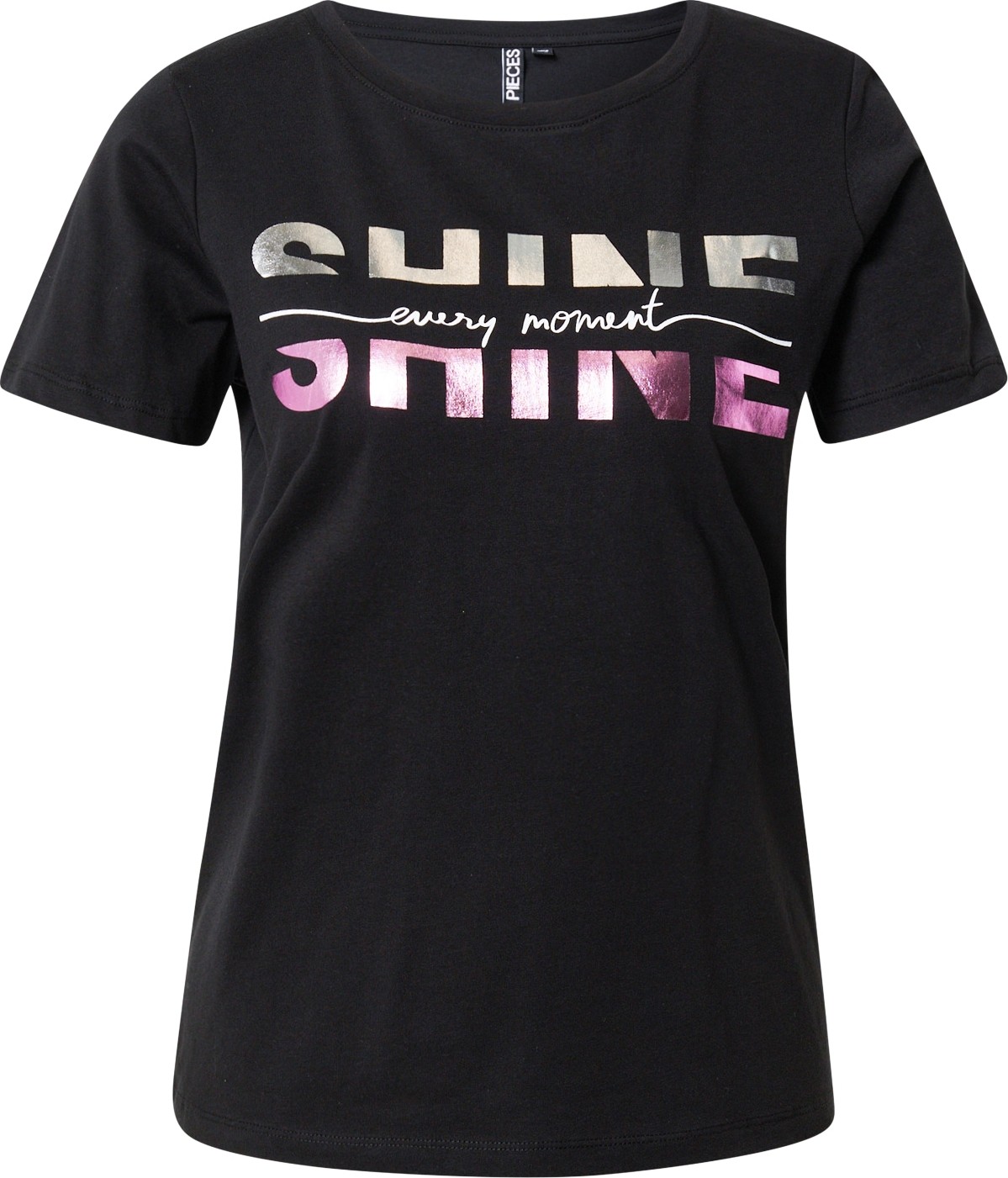 PIECES Tričko 'METALINA' světle fialová / černá / stříbrná / bílá