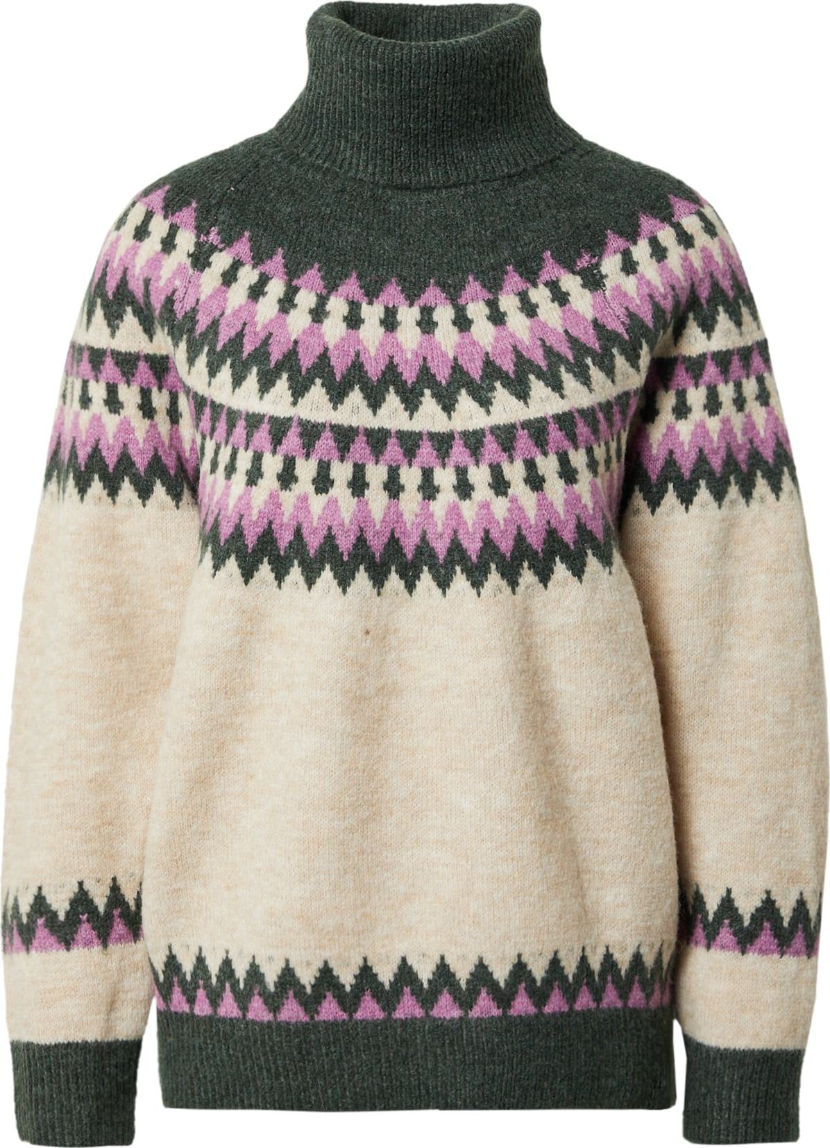 ICHI Svetr 'POVOKE' tmavě zelená / orchidej / barva bílé vlny