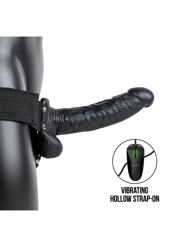 Realrock Vibrating Hollow Strap-on dutý připínací penis s varlaty 18 cm - černý RealRock