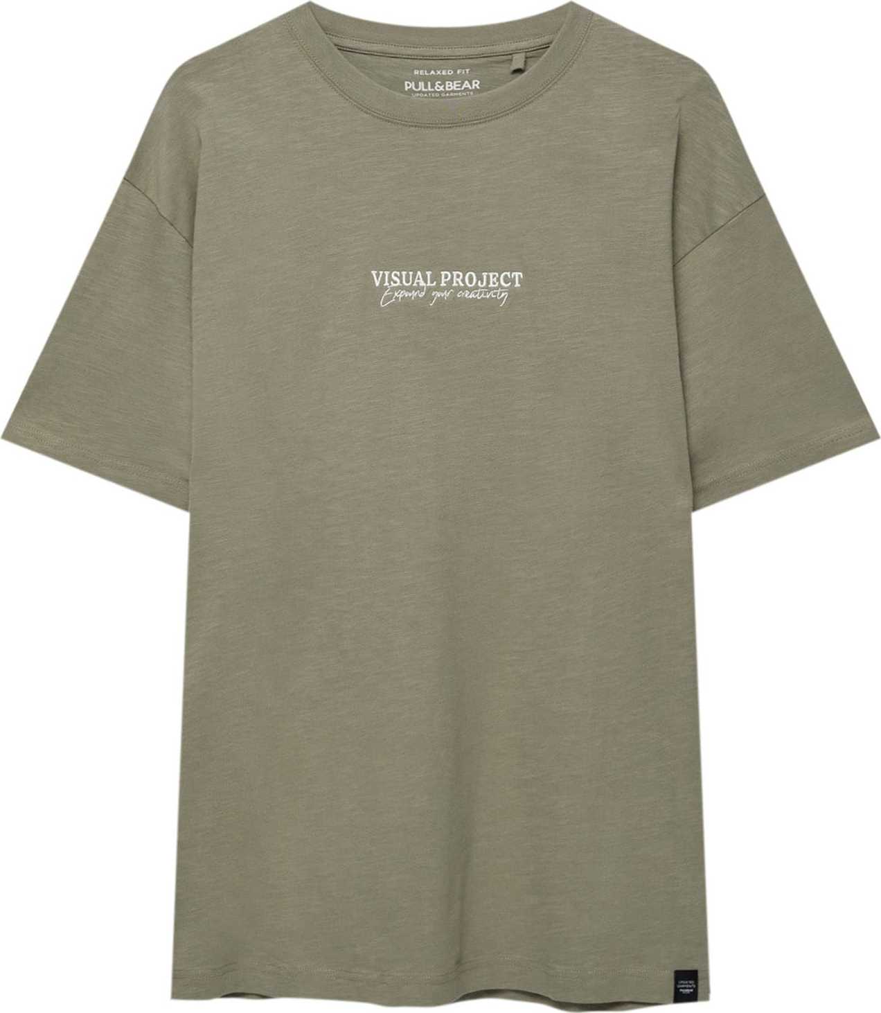 Tričko Pull&Bear khaki / bílá