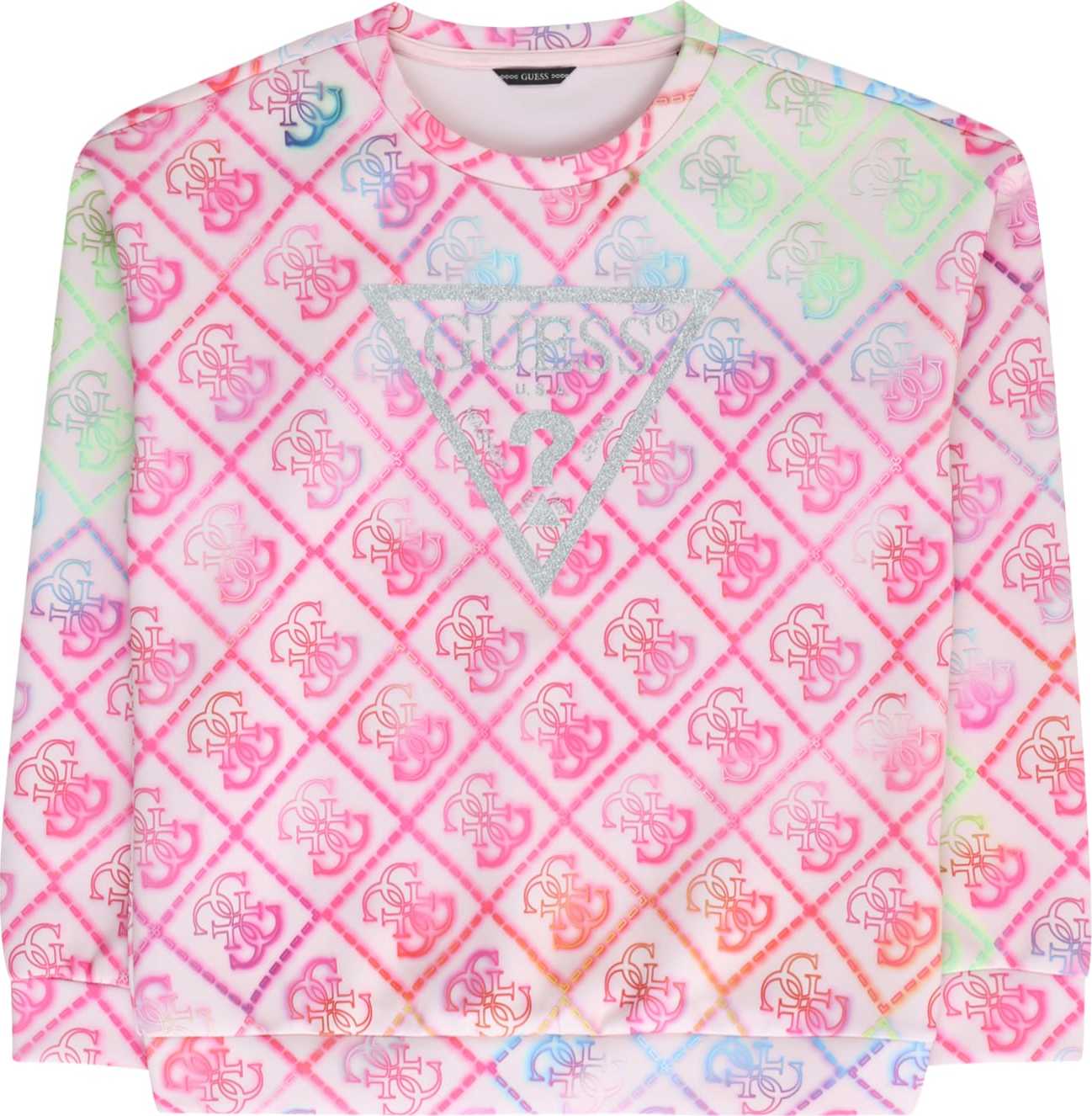 Mikina Guess stříbrně šedá / svítivě zelená / pink / růžová