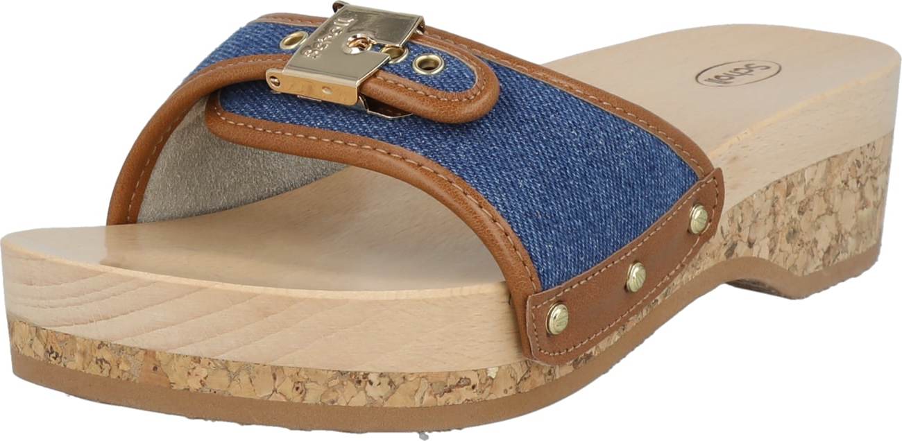 Pantofle 'PESCURA' Scholl Iconic modrá džínovina / hnědá / zlatá