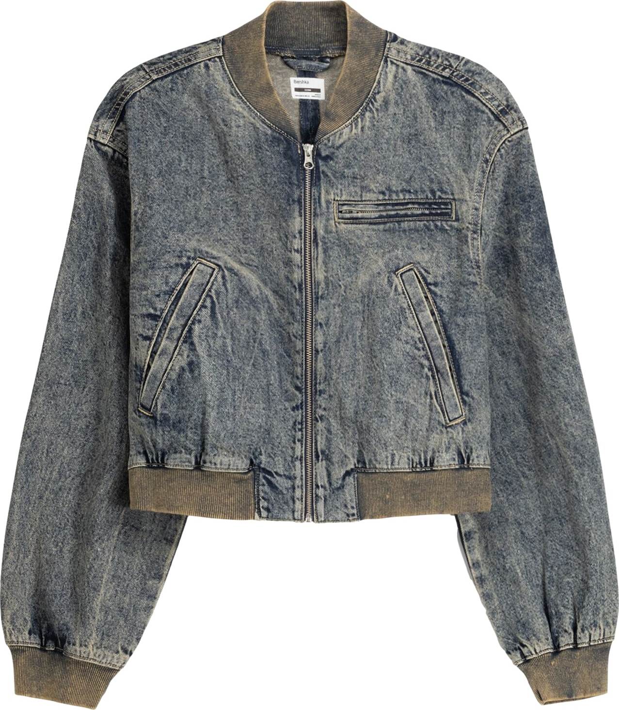 Přechodná bunda Bershka modrá džínovina / oranžová