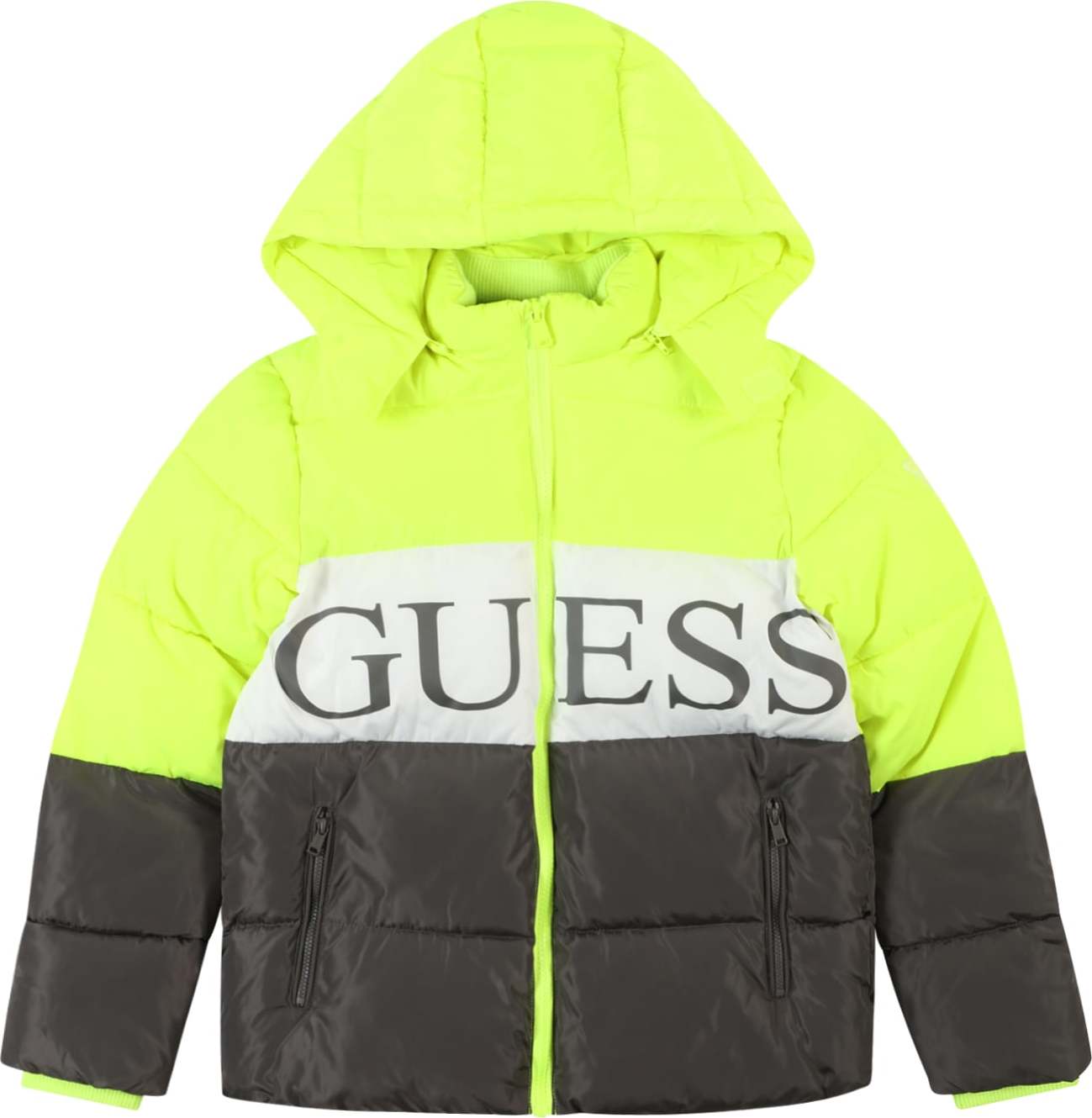 Zimní bunda Guess svítivě zelená / černá / bílá